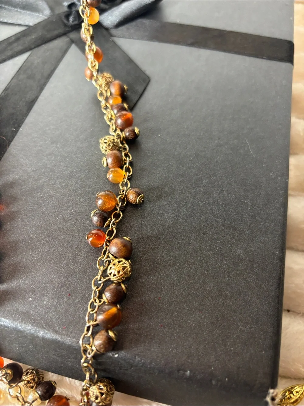 36” Multi-Strand Brown and Amber Bead Necklace